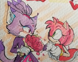 Size: 2047x1636 | Tagged: safe, artist:ieatbladeofgrass, amy rose, blaze the cat, cat, hedgehog, 2024, amy x blaze, amy's halterneck dress, blaze's tailcoat, bouquet, cute, date, female, females only, flowers, holding hands, lesbian, looking at each other, shipping