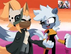 Size: 2048x1546 | Tagged: safe, artist:buddyhyped, tangle the lemur, whisper the wolf, duo, holding hands, lesbian, lesbian pride, pride, pride flag, pride flag background, redraw, reference inset, shipping, signature, smile, standing, tangle x whisper