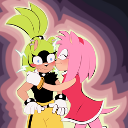 Size: 2000x2000 | Tagged: safe, artist:asheteternal, amy rose, surge the tenrec, abstract background, blushing, duo, eye twitch, frown, hands on another's shoulders, kiss on cheek, lesbian, shipping, shocked, smile, standing, surgamy