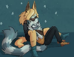 Size: 2048x1575 | Tagged: safe, artist:lynxbabey, tangle the lemur, whisper the wolf, duo, lesbian, shipping, sitting, smile, star (sky), tangle x whisper