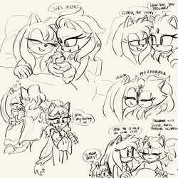 Size: 2000x2000 | Tagged: safe, artist:emthimofnight, amy rose, blaze the cat, oc, oc:camellia the cat, cat, hedgehog, 2024, amy x blaze, cute, eyes closed, female, females only, lesbian, line art, noses are touching, parent:amy, parent:blaze, parents:blazamy, purring, shipping, sketch