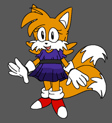 Size: 494x542 | Tagged: safe, artist:metadow-propaganda-machine, miles "tails" prower, clothes, cute, dress, eyes closed, flat colors, grey background, looking offscreen, mouth open, simple background, smile, solo, standing, trans female, transgender