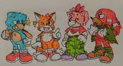 Size: 2048x1110 | Tagged: safe, artist:themetallicnemesis, amy rose, knuckles the echidna, miles "tails" prower, sonic the hedgehog, group, standing, star (symbol), traditional media