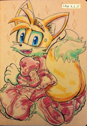 Size: 1380x2005 | Tagged: safe, artist:0law, miles "tails" prower, clothes, dress, kneeling, looking at viewer, looking back, looking back at viewer, mouth open, signature, smile, solo, sparkles, sweatdrop, traditional media