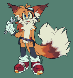 Size: 1934x2048 | Tagged: safe, artist:battiegutz, miles "tails" prower, beanbrows, belt, big ears, blushing, cute, eyebrow clipping through hair, goggles, green background, holding something, looking offscreen, ponytail, redesign, screwdriver, signature, simple background, smile, solo, standing, stockings, wrench