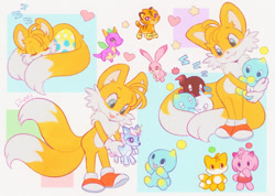 Size: 1291x917 | Tagged: safe, artist:doekis, miles "tails" prower, chao, rabbit, :3, amy chao, chao egg, charging, cute, dark chao, dragon, eyelashes, group, hero chao, holding them, literal animal, neutral chao, signature, sleeping, smile, standing, tailabetes, tails chao, tiger, unicorn, zzz