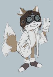 Size: 1080x1558 | Tagged: safe, artist:sad-all-life, miles "tails" prower, clothes, goggles, grey background, hand in pocket, lab coat, looking at viewer, pilot hat, simple background, smile, solo, standing, v sign