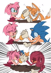 Size: 1748x2480 | Tagged: safe, artist:historiaallen, amy rose, knuckles the echidna, miles "tails" prower, sonic the hedgehog, arm wrestling