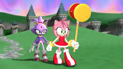 Size: 1600x900 | Tagged: safe, artist:lavells-enterprise, amy rose, blaze the cat, cat, hedgehog, 2023, 3d, amy x blaze, amy's halterneck dress, blaze's tailcoat, cute, female, females only, lesbian, looking at them, piko piko hammer, shipping