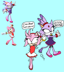 Size: 1280x1423 | Tagged: safe, artist:thatguythrt, amy rose, blaze the cat, cat, hedgehog, 2023, amy x blaze, cute, english text, female, females only, gymnastic outfit, lesbian, mario & sonic at the olympic games, shipping, speech bubble