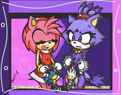 Size: 781x611 | Tagged: safe, artist:silentrain12, amy rose, blaze the cat, silver the hedgehog, sonic the hedgehog, cat, hedgehog, 2012, amy x blaze, amy's halterneck dress, blaze's tailcoat, cute, doll, eyes closed, female, females only, lesbian, shipping