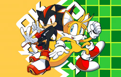 Size: 1688x1082 | Tagged: safe, artist:evan brown, miles "tails" prower, shadow the hedgehog, 31 days sonic, abstract background, duo, frown, looking at them, looking at viewer, mouth open, smile, sonic advance 3, sweatdrop