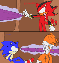 Size: 1996x2116 | Tagged: semi-grimdark, artist:tj0001, miles "tails" prower, sonic the hedgehog, oc, fox, hedgehog, hybrid, 2012, abstract background, blood, crying, demon, dialogue, english text, flat colors, floppy ears, imminent death, impaled, long tongue, sad, sfx, shocked, tears, tongue out