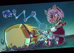 Size: 1600x1150 | Tagged: safe, artist:hanke95, amy rose, sonic the hedgehog, amy's halterneck dress, fight, glowing eyes, piko piko hammer, possessed, sharp teeth