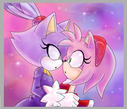 Size: 698x600 | Tagged: safe, artist:smsskullleader, amy rose, blaze the cat, cat, hedgehog, 2012, amy x blaze, amy's halterneck dress, blaze's tailcoat, cute, female, females only, lesbian, looking at each other, shipping