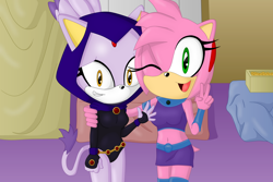 Size: 1024x683 | Tagged: safe, artist:sergeant16bit, amy rose, blaze the cat, cat, hedgehog, 2018, amy x blaze, crossover, female, females only, lesbian, looking at viewer, one eye closed, peace sign, shipping, teen titans, waving