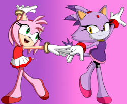 Size: 1280x1045 | Tagged: safe, artist:raiinknight, amy rose, blaze the cat, cat, hedgehog, 2020, amy x blaze, dancing, female, females only, gymnastic outfit, lesbian, mario & sonic at the olympic games, shipping