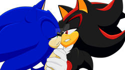 Size: 1280x720 | Tagged: safe, artist:koudoku-chan, shadow the hedgehog, sonic the hedgehog, 2019, clenched teeth, deviantart watermark, duo, gay, holding each other, lidded eyes, looking at each other, obtrusive watermark, shadow x sonic, shipping, smile, watermark