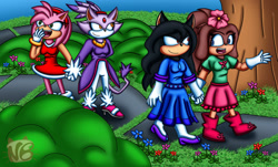 Size: 1280x774 | Tagged: safe, artist:nutnbreadd0, amy rose, blaze the cat, oc, cat, hedgehog, 2024, amy x blaze, amy's halterneck dress, blaze's tailcoat, cute, female, females only, holding hands, lesbian, looking at them, mouth open, oc x oc, shipping