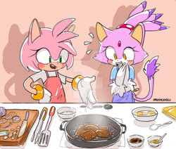 Size: 1280x1083 | Tagged: safe, artist:harooncookiez720, amy rose, blaze the cat, cat, hedgehog, 2019, amy x blaze, cooking, cute, female, females only, food, hands together, lesbian, shipping