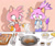 Size: 1280x1083 | Tagged: safe, artist:harooncookiez720, amy rose, blaze the cat, cat, hedgehog, 2019, amy x blaze, cooking, cute, deviantart watermark, female, females only, food, hands together, kitchen, lesbian, shipping, watermark