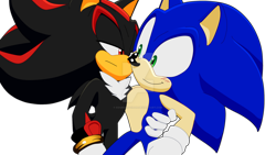 Size: 1280x720 | Tagged: safe, artist:koudoku-chan, shadow the hedgehog, sonic the hedgehog, 2019, deviantart watermark, duo, frown, gay, hand on another's hip, holding them, lidded eyes, looking at them, obtrusive watermark, shadow x sonic, shipping, simple background, smile, transparent background, watermark