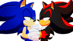Size: 1280x720 | Tagged: safe, artist:koudoku-chan, shadow the hedgehog, sonic the hedgehog, 2019, deviantart watermark, duo, gay, holding hands, lidded eyes, looking at each other, obtrusive watermark, outline, shadow x sonic, shipping, simple background, smile, standing, transparent background, watermark