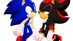 Size: 1280x720 | Tagged: safe, artist:koudoku-chan, shadow the hedgehog, sonic the hedgehog, 2019, deviantart watermark, duo, gay, lidded eyes, looking at each other, outline, shadow x sonic, shipping, simple background, smile, standing on one leg, transparent background, watermark