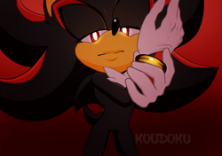 Size: 2050x1440 | Tagged: safe, artist:koudoku-chan, shadow the hedgehog, 2019, frown, glowing eyes, gradient background, lidded eyes, looking at viewer, signature, solo, standing, stupid sexy shadow