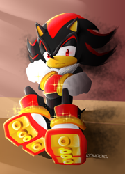 Size: 1652x2300 | Tagged: safe, artist:koudoku-chan, shadow the hedgehog, 2017, abstract background, arms folded, frown, glowing eyes, lidded eyes, looking at viewer, signature, sitting, solo, sparkles