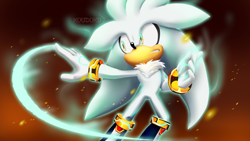Size: 2560x1440 | Tagged: safe, artist:koudoku-chan, silver the hedgehog, 2018, clenched teeth, flying, frown, gradient background, looking offscreen, psychokinesis, solo