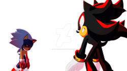 Size: 1280x720 | Tagged: safe, artist:koudoku-chan, shadow the hedgehog, oc, oc:sonic.exe, 2019, black sclera, bleeding, bleeding from eyes, blood, clenched teeth, deviantart watermark, duo, frown, glowing eyes, imminent fight, looking at each other, red eyes, smile, standing, watermark