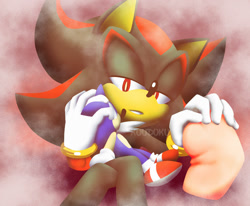 Size: 1280x1054 | Tagged: safe, artist:koudoku-chan, shadow the hedgehog, sonic the hedgehog, 2019, gay, holding something, legs crossed, lidded eyes, lineless, looking at viewer, pillow, shadow x sonic, shipping, signature, sitting, solo, stuffed animal