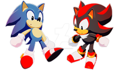 Size: 1280x720 | Tagged: safe, artist:koudoku-chan, shadow the hedgehog, sonic the hedgehog, 2019, :o, classic shadow, classic sonic, cute, deviantart watermark, duo, gay, looking down, looking offscreen, mouth open, outline, shadow x sonic, shipping, simple background, transparent background, watermark