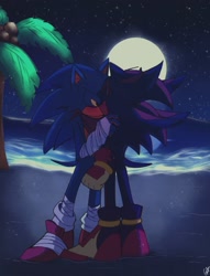 Size: 1280x1675 | Tagged: safe, artist:candyypirate, shadow the hedgehog, sonic the hedgehog, 2021, abstract background, beach, duo, eyes closed, gay, holding each other, kiss, moon, nighttime, ocean, palm tree, shadow x sonic, shipping, sonic boom (tv), standing, star (sky)