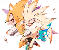 Size: 1695x1424 | Tagged: safe, artist:souexelove, silver the hedgehog, sonic the hedgehog, super sonic, 2024, duo, looking ahead, looking offscreen, mouth open, simple background, smile, sparkles, super form, white background