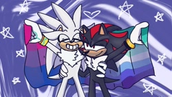 Size: 960x540 | Tagged: safe, artist:lustrouscloud, shadow the hedgehog, silver the hedgehog, 2024, abstract background, bisexual, bisexual pride, duo, eyes closed, flag, gay, heart, holding each other, holding something, mlm pride, pride, pride flag, shadow x silver, shipping, smile, standing, star (symbol)