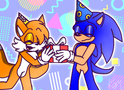 Size: 792x573 | Tagged: safe, artist:futureboi200, miles "tails" prower, sonic the hedgehog, 2022, :3, abstract background, birthday, birthday hat, duo, eyebrow clipping through hair, eyes closed, holding something, present, smile, standing