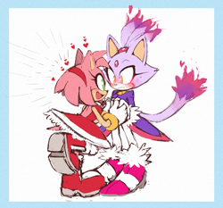 Size: 900x838 | Tagged: safe, artist:motobugg, amy rose, blaze the cat, amy x blaze, blushing, border, duo, fire, flame, heart, holding hands, lesbian, looking at each other, shipping, simple background, standing, white background