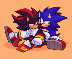 Size: 2048x1689 | Tagged: safe, artist:mintywhisker, shadow the hedgehog, sonic the hedgehog, duo, gay, orange background, shadow (lighting), shadow x sonic, shipping, simple background, sitting, smile