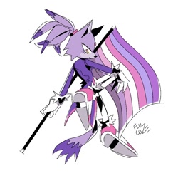 Size: 800x800 | Tagged: safe, artist:flucoze, blaze the cat, flag, frown, holding something, lesbian, lesbian pride, looking at viewer, looking back, looking back at viewer, pride, pride flag, signature, simple background, solo, trans female, trans pride, transbian pride, transgender, white background
