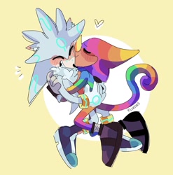 Size: 1264x1280 | Tagged: safe, artist:flucoze, espio the chameleon, silver the hedgehog, blushing, cute, duo, espibetes, eyes closed, gay, heart, hugging, pride, shipping, silvabetes, silvio, simple background, smile