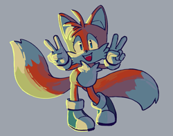 Size: 1565x1231 | Tagged: safe, artist:lovedeltaa, miles "tails" prower, cute, double v sign, eyelashes, fangs, looking at viewer, mouth open, posing, redraw, shadow the hedgehog (video game), smile, solo, standing, tailabetes, v sign