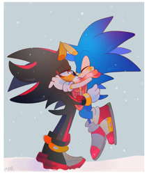 Size: 1280x1495 | Tagged: safe, artist:scuttletown, shadow the hedgehog, sonic the hedgehog, abstract background, border, carrying them, duo, gay, holding them, outdoors, scarf, shadow x sonic, shipping, signature, snow, snowing, winter