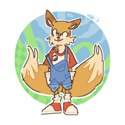 Size: 2048x2048 | Tagged: safe, artist:heckinzeem, miles "tails" prower, clothes, cute, looking offscreen, nonbinary, outline, overalls, signature, smile, solo, standing, tailabetes, tongue out