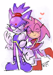 Size: 2048x2890 | Tagged: safe, artist:dorudoru_pr, amy rose, blaze the cat, amy x blaze, duo, frown, heart, holding another's arm, lesbian, shipping, signature, simple background, smile, white background
