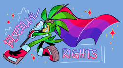 Size: 2048x1129 | Tagged: safe, artist:mintywhisker, jet the hawk, bi rights, bisexual, bisexual pride, blue background, english text, flag, holding something, looking at viewer, pride, pride flag, simple background, smile, solo, sparkles