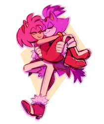 Size: 1166x1390 | Tagged: safe, artist:sa2ration, amy rose, blaze the cat, amy x blaze, amybetes, blazebetes, blushing, carrying them, claws, cute, duo, eyes closed, lesbian, shipping, simple background, smile, walking, white background