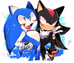 Size: 2048x1750 | Tagged: safe, artist:souexelove, shadow the hedgehog, sonic the hedgehog, 2024, arm around shoulders, blushing, frown, gay, heart, mouth open, redraw, shadow x sonic, shipping, smile, solo, sonic prime s3, sparkles, standing, v sign