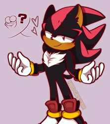 Size: 1375x1550 | Tagged: safe, artist:hedgester_, shadow the hedgehog, 2024, arms out, blushing, heart, lidded eyes, looking at viewer, purple background, question mark, simple background, smile, solo, standing